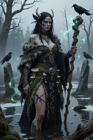 A dark female druid inspired by norse seiðr magic and ancient death rituals, standing within a frozen marshland filled with rotting trees and drifting spirits.

She has long black hair decorated with bones and raven feathers, pale skin marked by ritual scars, and unsettling grey eyes filled with forbidden wisdom.

She wears layered decayed furs, moss-covered cloaks, and dark ceremonial robes stitched with faded runes. Strange fungal growths spread slowly across her staff and clothing.

Green ghostly spores drift through the cold fog around her while ravens gather among dead trees and broken standing stones.

The atmosphere feels ancient, eerie, and deeply supernatural.

Dark nordic fantasy illustration, cinematic fog, grim mystical atmosphere, realistic decay textures, eldritch wilderness aesthetic, painterly realism