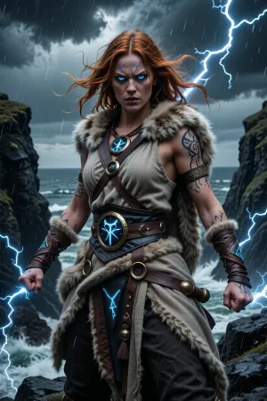 Scandinavian woman.

A fierce female monk channeling the divine fury of northern storms, standing at the center of a thunderstorm atop black coastal cliffs.

She has wild copper-red hair whipping through the wind, glowing blue eyes crackling with lightning, and muscular scarred arms covered in glowing runic markings.

She wears simple layered wool and leather garments reinforced with bronze rings and storm god symbols. Heavy fur hangs from her shoulders.

Lightning arcs around her clenched fists as thunder tears through the skies overhead. Waves crash violently against jagged cliffs below.

The atmosphere feels primal, divine, and overwhelming.

Epic nordic fantasy illustration, cinematic storm lighting, realistic weather effects, dynamic martial stance, mythological realism, high detail