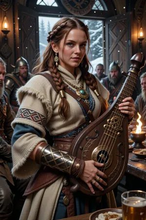 A charismatic female skald inspired by ancient nordic storytellers, performing within a crowded mead hall during a roaring winter feast.

She has long auburn hair braided with gold rings and carved beads, bright green eyes full of wit and intelligence, and a confident half-smile that commands the room.

She wears layered wool and fine embroidered nordic clothing beneath light leather armor, decorated with knotwork patterns and bronze jewelry earned through years of travel.

She carries an ornate lyre carved from dark wood and etched with runes of memory and song. Warriors, jarls, and wandering travelers listen in silence as she recounts ancient sagas of gods and heroes.

Warm firelight fills the longhall while snowstorms rage outside beyond heavy wooden doors.

Cinematic nordic fantasy illustration, warm atmospheric lighting, realistic textures, detailed clothing and jewelry, mythic storytelling atmosphere, painterly realism