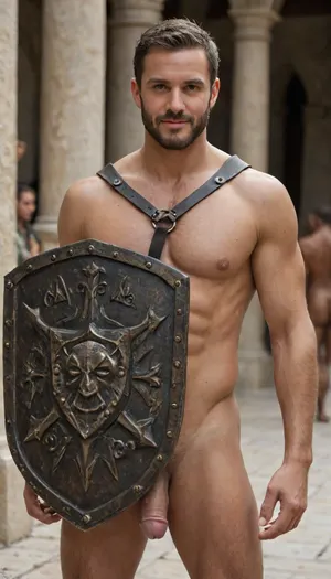 (masterpiece, best quality:1.2), photorealism, beautiful serbian men all naked, normal penis, 21 cm, 30 years old, short brown hair with black, beard, (descent makeup), (tanned skin:1.2), in collosseum, gladiator, holding shield and sword, descent smile, realistic hands