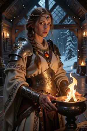 A warm but formidable female cleric inspired by ancient nordic hearth goddesses, standing inside a massive wooden longhall during a winter night.

She has soft auburn hair braided with gold thread, kind amber eyes, and weathered hands marked by ritual burns and sacred symbols.

She wears layered embroidered wool robes beneath light ceremonial armor adorned with sun motifs and protective runes. Warm firelight reflects from polished bronze jewelry and carved amber charms.

In her hands she holds a sacred flame burning from an iron brazier, illuminating the hall with golden divine light.

Outside the hall snowstorms rage across the frozen wilderness, but within there is warmth, safety, and sacred peace.

Warm cinematic nordic fantasy illustration, firelit atmosphere, realistic textures, cozy mythological aesthetic, painterly realism, highly detailed