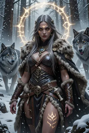 A fierce female warlock bound to a divine wolf spirit from ancient nordic mythology, standing within a snow-covered forest surrounded by spectral wolves.

She has long ash-blonde hair, sharp amber eyes, and pale skin marked with glowing claw-like runes.

She wears layered furs, leather armor, bone charms, and heavy cloaks decorated with wolf pelts and ancient nordic symbols.

Golden spiritual energy radiates around her while enormous spectral wolves emerge through the snow and fog behind her.

The atmosphere feels primal, sacred, and untamed.

Epic nordic fantasy illustration, cinematic snowfall, mystical wilderness atmosphere, realistic fur and leather textures, painterly realism, mythological detail