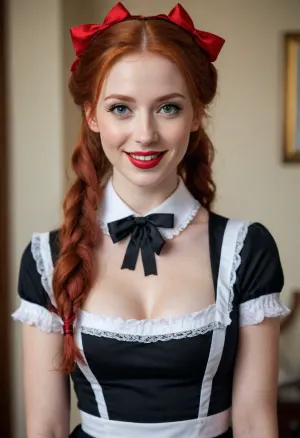 masterpiece, best quality, ultra detailed, photorealistic, 8k raw photo, beautiful 25 year old redhead woman, seductive and elegant face, refined features, subtle laugh lines, seductive eyes, red lipstick, makeup, long red hair in seductive pigtails with red bows, maid look, maid look

sexy skinny tall body, graceful figure, perfect proportions, full body visible, standing pose, detailed skin texture, realistic mature skin, professional photography, soft cinematic lighting, sharp focus, high resolution, ultra-detailed, realistic