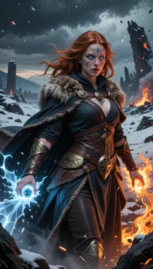 A fierce female wizard channeling destructive elemental magic inspired by the brutal forces of northern winters and volcanic fire.

She has wild copper-red hair, glowing icy blue eyes, and pale skin marked with faint magical scars and glowing rune patterns.

She wears layered dark robes reinforced with leather, fur-lined cloaks, and bronze nordic armor fragments engraved with elemental symbols.

One hand conjures raging frost magic while the other erupts with roaring fire, filling the frozen battlefield around her with steam and destruction.

Snowstorms and burning ruins clash beneath dark storm clouds in the distance.

Epic nordic fantasy illustration, cinematic elemental lighting, realistic magical effects, atmospheric realism, painterly fantasy art, highly detailed