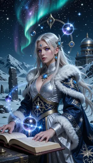 A brilliant female wizard studying ancient cosmic forces beneath a sky filled with stars and aurora light high above the frozen north.

She has flowing platinum-blonde hair, luminous pale skin, and glowing violet-blue eyes reflecting constellations and celestial magic.

She wears elegant layered robes of silver, deep blue, and white fur embroidered with intricate star maps and ancient nordic runes.

Floating celestial spheres, magical clockwork symbols, and shimmering gravitational distortions orbit around her body.

Frozen mountain observatories and ancient stone monoliths rise behind her beneath endless northern skies.

Cinematic nordic fantasy illustration, celestial atmosphere, aurora lighting, realistic magical effects, painterly realism, highly detailed