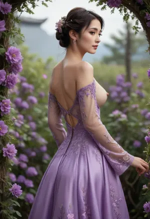 A Japanese woman standing amidst a lush backdrop of purple flowers. She is wearing a long-sleeved dress that is entirely covered with intricate floral appliqués. The flowers are predominantly purple, matching the surrounding blooms, and they are arranged in a way that creates a seamless, almost transparent effect over the dress exposing parts of her back, derrière and sides. Her hair is styled in an elegant updo, with some flowers incorporated into the hairstyle, (breasts cutout clothing:1.4), (pretty face:1.8), (perfect nose:1.8), slender body, long legs, <lora:Midjourney Image Enhancer XL v1:.8>, <lora:2BoutOvalSDXL2-000002:1.5>