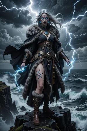 A powerful female sorcerer born beneath an eternal northern storm, standing atop black sea cliffs as lightning tears across the sky around her.

She has long silver-blonde hair whipping violently through the wind, glowing storm-blue eyes, and pale skin marked with crackling rune-like lightning scars.

She wears layered dark wool, heavy furs, and flowing ceremonial robes reinforced with bronze and iron nordic ornamentation. Her cloak moves like storm clouds behind her.

Raw lightning spirals around her hands while thunderclouds churn overhead and massive waves crash against jagged cliffs below.

The atmosphere feels divine, catastrophic, and untamed — a mortal vessel for the fury of ancient storm gods.

Epic nordic fantasy illustration, cinematic storm lighting, realistic weather effects, dramatic atmosphere, mythological realism, painterly detail, high detail