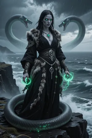 A terrifying female warlock bound to an ancient cosmic serpent sleeping beneath the frozen northern oceans, standing alone upon black coastal cliffs during a violent storm.

She has long dark wet hair, pale frostbitten skin, and glowing emerald eyes filled with unnatural knowledge.

She wears layered black ceremonial robes, sea-weathered furs, silver serpent jewelry, and ancient rune charms associated with forbidden tides and prophecy.

Green eldritch magic coils around her hands while enormous spectral serpent shapes emerge faintly through storm clouds and crashing sea mist.

The ocean behind her feels impossibly deep and ancient, as though something vast watches from beneath the waves.

Dark nordic cosmic fantasy illustration, cinematic storm lighting, eldritch sea atmosphere, realistic textures, painterly realism, mythological horror aesthetic
