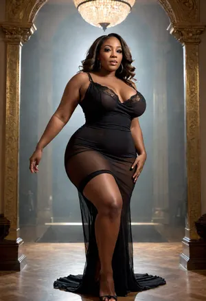 a 40 year old sexy, african american women, wearinf a black sheer bodycon dress, full body image