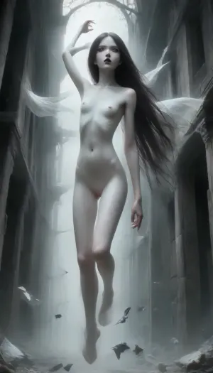 A vast, abandoned baroque palace with towering cracked columns. Peeling frescoes and soot-stained ceilings loom overhead. a lone figure emerging from the shadows. A ghost, elevated half meter over ground, pale woman, white painted skin, unnatural white skin, unnatural black eyes, extremely long black hair, High-contrast chiaroscuro—cold moonlight slashes through broken stained glass, casting sharp shadows that amplify her ethereal presence. Dust motes swirl in the beams., Slight Dutch angle, full-body portrait as she vanishes into deeper shadows., mentixis, metix, ais-ghostly, <lora:mentixis:2>, <lora:Ghostly_Style_SDXL:1.2>