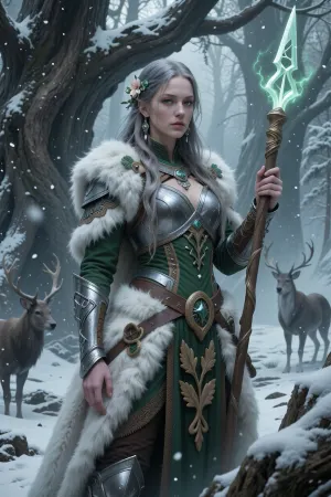 A noble female paladin devoted to ancient nature gods and sacred northern forests, standing within a snow-covered grove of enormous ancient trees.

She has long ash-blonde hair woven with flowers and silver charms, calm green eyes, and pale skin touched by cold northern light.

She wears elegant green and silver nordic armor layered with white furs, embroidered wool, and carved wooden talismans shaped like leaves and branches.

In her hands she carries a rune-engraved spear glowing with soft green divine magic.

Massive ancient trees surround her while spectral elk and wolves move silently through drifting snow and forest mist.

Atmospheric nordic fantasy illustration, mystical winter forest, cinematic lighting, realistic textures, mythological realism, painterly fantasy detail