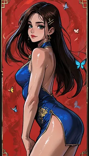 ((Melkor mancin meet markgavatino style)), ((symmetric perfect green eyes)), look at viewer, purple irisdescent, (background psychedelic abstract), (Chinese ethnicity:1.6), muscular small petite, short height, ((Chinese:2), princess in an intricate cheongsam with skirt hem), (portrait pose arched body:1.4), ((plump ass, huge plump cleavage breasts:1)), wet ass, glowing purple flowers butterflies, (reiq style), Score_9, score_8_up, score_7_up, masterpiece, (1woman, 8k resolution, ultra-detailed), solo, ratatatat74, super thick long hair blowing in the wind, hair clips bangles, bright lipstick, bright eyes, <lora:LCMTurboMix_Euler_A_fix:1.1>, <lora:ratatatat74-000050:1.1>, <lora:EnvyAnimeDigitalPaintingXL01:1.1>, <lora:SDXLSamDoesArts:1.1>, wet thighs, rose, butterflies, necklace choker, subtle small smile, soaking wet lace