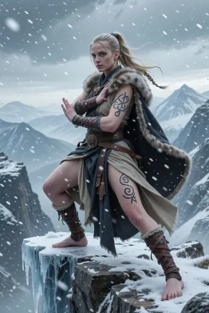 A disciplined female monk inspired by isolated nordic mountain ascetics, standing barefoot atop a frozen cliff during a violent snowstorm.

She has pale skin hardened by cold winds, piercing grey-blue eyes, and long blonde hair tied into practical warrior braids. Her expression is calm, focused, and immovable.

She wears layered linen wraps, dark wool robes, fur-lined shoulder coverings, and leather bindings around her hands and feet. Ancient runic tattoos spiral across her arms and spine.

Snow and ice swirl around her as she stands in a balanced martial stance overlooking endless frozen mountains.

The atmosphere feels harsh, spiritual, and deeply disciplined.

Cinematic nordic fantasy illustration, atmospheric snowfall, realistic textures, cold mountain lighting, mythological realism, painterly detail
