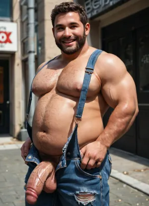 Beefy chubby 25-year-old man, beefy man, brown short hair, brown eyes, brown short beard, fat round nose, hairy body, big pecs, big butt, (big booty:1.5), (chubby body:1.4), big veiny penis, wearing worn torn overalls denim, smiling shy, pose sexy for the camera, hot teasing picture, solo, sexy hot tease, gay chubby man, stands urban street under heavy sun