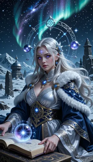 A brilliant female wizard studying ancient cosmic forces beneath a sky filled with stars and aurora light high above the frozen north.

She has flowing platinum-blonde hair, luminous pale skin, and glowing violet-blue eyes reflecting constellations and celestial magic.

She wears elegant layered robes of silver, deep blue, and white fur embroidered with intricate star maps and ancient nordic runes.

Floating celestial spheres, magical clockwork symbols, and shimmering gravitational distortions orbit around her body.

Frozen mountain observatories and ancient stone monoliths rise behind her beneath endless northern skies.

Cinematic nordic fantasy illustration, celestial atmosphere, aurora lighting, realistic magical effects, painterly realism, highly detailed
