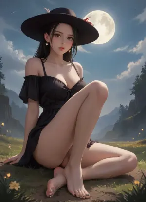 anime style, beautiful woman, nemona from Pokémon, big expressive eyes, backlighting, rim light, cool color palette, night scene, full moon in background, subtle fog, atmospheric, moody lighting, high detail, sharp focus, depth of field, digital illustration, clean lines, soft shading, smooth gradients, polished, breasts, barefoot, toes, feet, futanari, testicles, erection, penis, solo, soles, uncensored, looking_at_viewer, night, moon, dress, black_dress, long_hair, black_hair, green_bangs, sitting, large_breasts, sky, black_headwear, cleavage, outdoors, hat, off-shoulder_dress, black_nails, full_moon, bare_shoulders, lips, jewelry, grass, no_panties, earrings, parted_lips, thick_lips, newhalf, arm_support, night_sky, off_shoulder, collarbone, full_body, bare_legs, nail_polish, large_penis, bottomless, toenails, on_ground, star_, (sky), cloud, blue_eyes, ghst, <lora:SDXL1.0-LoRa_Zeitgeist-Ghibli-Style_by-AI_Characters-v2.0:1.2>, <lora:NEOTOKIOXL_0.2_RC:1.8>, <lora:Shaded-Retro-Anime:1.6>
