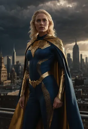 A female Homelander-inspired superhuman tyrant, impossibly confident and terrifying, blonde hair perfectly styled, piercing blue eyes glowing with restrained power, wearing a dark patriotic superhero suit with gold accents and a flowing cape, beautiful but emotionally empty expression, standing like a living goddess above humanity, subtle narcissistic smile, immense superhuman presence, authoritarian celebrity aesthetic, cinematic city skyline in the background, storm clouds and sunlight breaking around her, realistic textures, intimidating body language, tragic corruption of the ideal hero archetype, ultra detailed, realistic cinematic style, oppressive atmosphere