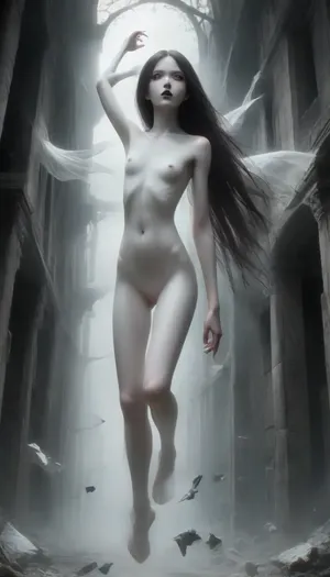 A vast, abandoned baroque palace with towering cracked columns. Peeling frescoes and soot-stained ceilings loom overhead. a lone figure emerging from the shadows. A ghost, elevated half meter over ground, pale woman, white painted skin, unnatural white skin, unnatural black eyes, extremely long black hair, High-contrast chiaroscuro—cold moonlight slashes through broken stained glass, casting sharp shadows that amplify her ethereal presence. Dust motes swirl in the beams., Slight Dutch angle, full-body portrait as she vanishes into deeper shadows., mentixis, metix, ais-ghostly, <lora:mentixis:2>, <lora:Ghostly_Style_SDXL:1.2>
