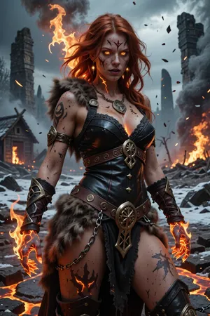 A fierce female warlock empowered by a primordial fire giant lord from the realms of Ragnarok, standing amidst burning ruins beneath a smoke-filled northern sky.

She has wild fiery red hair, glowing ember-like eyes, and soot-covered skin marked with burning rune scars.

She wears blackened leather armor, scorched furs, bronze war ornaments, and heavy chains engraved with symbols of destruction and conquest.

Hellish fire erupts from her hands while molten cracks spread through frozen ground around her.

Burning longhouses and shattered stone monuments glow through smoke and falling ash in the background.

Epic nordic fantasy illustration, cinematic firelight, realistic ember and smoke effects, apocalyptic atmosphere, mythological realism, painterly detail