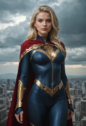 A female Homelander-inspired superhuman tyrant, impossibly confident and terrifying, blonde hair perfectly styled, piercing blue eyes glowing with restrained power, wearing a dark patriotic superhero suit with gold accents and a flowing cape, beautiful but emotionally empty expression, standing like a living goddess above humanity, subtle narcissistic smile, immense superhuman presence, authoritarian celebrity aesthetic, cinematic city skyline in the background, storm clouds and sunlight breaking around her, realistic textures, intimidating body language, tragic corruption of the ideal hero archetype, ultra detailed, realistic cinematic style, oppressive atmosphere