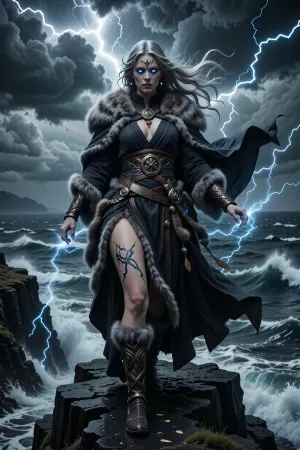 A powerful female sorcerer born beneath an eternal northern storm, standing atop black sea cliffs as lightning tears across the sky around her.

She has long silver-blonde hair whipping violently through the wind, glowing storm-blue eyes, and pale skin marked with crackling rune-like lightning scars.

She wears layered dark wool, heavy furs, and flowing ceremonial robes reinforced with bronze and iron nordic ornamentation. Her cloak moves like storm clouds behind her.

Raw lightning spirals around her hands while thunderclouds churn overhead and massive waves crash against jagged cliffs below.

The atmosphere feels divine, catastrophic, and untamed — a mortal vessel for the fury of ancient storm gods.

Epic nordic fantasy illustration, cinematic storm lighting, realistic weather effects, dramatic atmosphere, mythological realism, painterly detail, high detail