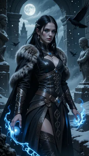 A mysterious female rogue using forbidden nordic rune magic, standing within ancient frozen ruins illuminated by ghostly blue fire.

She has pale skin, long black hair woven with silver thread, and glowing grey-blue eyes filled with intelligence and dangerous curiosity.

She wears elegant dark leather armor layered beneath fur-lined cloaks and embroidered ceremonial cloth covered in subtle runic symbols.

Magical blue runes float around her hands while spectral lock mechanisms and illusionary ravens shimmer in the air nearby.

Broken statues and ancient stone arches disappear into drifting snow and fog behind her.

Dark cinematic nordic fantasy illustration, mystical moonlit atmosphere, realistic textures, arcane stealth aesthetic, painterly realism, highly detailed
