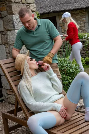 A 30 years old slutty Nordic woman with long, silky smooth white hair reclines on an elegant wooden sun lounger, extreme thin legs, legs spread wide, she gives a very tenderly blowjob, in a lush, enchanted garden surrounded by an old stone wall and a thatched-roof cottage in the background. She wears a soft, oversized light mohair sweater and cum covered tight light blue leggings, She spits out cum, wearing a straw hat and sunglasses, her lips delicately shaped, She is engaged in oral sex, Her finely detailed fingers, with their red fingernails, and her red lips firmly encircle the hard penis, of, a gardener, 30 years old, small realistic penis, he stands leaning against the stone wall. The gardener has a masculine face with prominent cheekbones, wearing a green polo shirt, and brown work gloves. He’s slightly sweaty, unshaven, resting his forearms on the wall, one hand rests on her head, holding garden shears. His friendly, attentive posture complements the warm, natural, and detailed textures of this enchanted scene, (in background a blonde, 1m80 tall, extreme skinny, very slender woman, in tight offwhite leggings and red shirt and base-cap, works in the garden, and puts her hand in her leggings watching the couple)