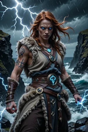 Scandinavian woman.

A fierce female monk channeling the divine fury of northern storms, standing at the center of a thunderstorm atop black coastal cliffs.

She has wild copper-red hair whipping through the wind, glowing blue eyes crackling with lightning, and muscular scarred arms covered in glowing runic markings.

She wears simple layered wool and leather garments reinforced with bronze rings and storm god symbols. Heavy fur hangs from her shoulders.

Lightning arcs around her clenched fists as thunder tears through the skies overhead. Waves crash violently against jagged cliffs below.

The atmosphere feels primal, divine, and overwhelming.

Epic nordic fantasy illustration, cinematic storm lighting, realistic weather effects, dynamic martial stance, mythological realism, high detail
