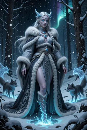 A mysterious female warlock bound to an ancient winter spirit of the frozen forests, wandering through snow-covered woods beneath shimmering aurora light.

She has pale luminous skin, long white-blonde hair braided with ice crystals and silver charms, and icy blue eyes glowing softly in the darkness.

She wears elegant layered furs, embroidered wool robes, and flowing cloaks decorated with frost patterns and delicate nordic knotwork.

Magic frost spreads beneath her footsteps while spectral foxes and winter spirits move silently between frozen trees around her.

The atmosphere feels beautiful, ancient, and quietly dangerous.

Atmospheric nordic fantasy illustration, ethereal winter lighting, cinematic snowfall, mystical forest realism, painterly textures, highly detailed