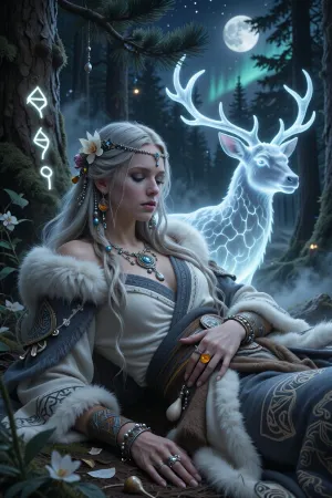 A serene female druid inspired by ancient nordic forest spirits and sacred dream rituals, resting beside a glowing spectral elk within a moonlit woodland clearing.

She has long pale hair woven with flowers, beads, and silver charms, soft blue-grey eyes, and a peaceful expression touched by quiet sadness.

She wears layered white and grey furs, embroidered wool robes, and delicate jewelry carved from amber and bone.

Soft magical light radiates from glowing runes carved into nearby trees while mist drifts gently across the forest floor.

The northern lights shimmer faintly through ancient pine branches overhead.

Atmospheric nordic fantasy illustration, dreamlike moonlight, mystical forest realism, painterly textures, calming spiritual atmosphere, highly detailed