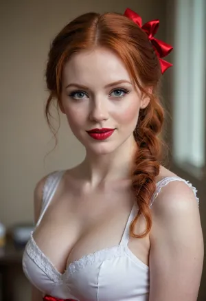 masterpiece, best quality, ultra detailed, photorealistic, 8k raw photo, beautiful 25 year old redhead woman, seductive and elegant face, refined features, subtle laugh lines, seductive eyes, red lipstick, makeup, long red hair in seductive pigtails with red bows, maid look, sexy tall body, graceful figure, perfect proportions, big breasts, full body visible, standing pose, detailed skin texture, realistic mature skin, professional photography, soft cinematic lighting, sharp focus, high resolution, ultra-detailed, realistic