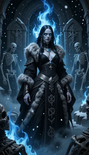 A haunting female necromancer inspired by nordic death rites and forgotten burial cults, standing within an ancient frozen crypt lit by ghostly blue fire.

She has deathly pale skin, long black hair streaked with silver, and hollow icy blue eyes glowing faintly in darkness.

She wears layered black ceremonial robes, silver funeral jewelry, heavy furs, and rune-covered wrappings associated with ancient death magic.

Ghostly spirits and skeletal warriors emerge silently from drifting snow and fog around ancient stone sarcophagi behind her.

The atmosphere feels solemn, ancient, and deeply supernatural rather than grotesque.

Dark nordic fantasy illustration, cinematic blue firelight, atmospheric snowfall and fog, mystical realism, painterly textures, highly detailed