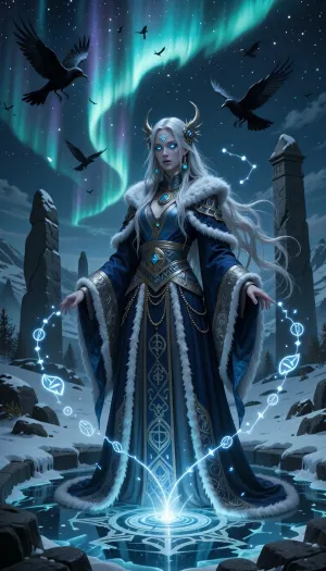A mysterious female wizard inspired by ancient nordic seers and fate-weavers, standing beneath the northern lights beside a frozen ritual pool.

She has long silver-white hair woven with beads and raven feathers, pale luminous skin, and glowing blue-grey eyes that seem to see beyond time itself.

She wears layered ceremonial robes of dark blue and silver trimmed with white fur and embroidered celestial runes.

Floating fragments of glowing prophecy symbols and constellation patterns drift around her while ravens circle silently overhead.

Ancient standing stones rise from snow-covered landscapes beneath shimmering aurora skies.

Atmospheric nordic fantasy illustration, cinematic aurora lighting, mystical realism, painterly textures, ancient prophecy aesthetic, highly detailed