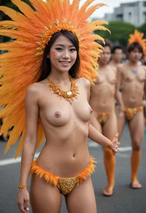 japan woman, 24 years old, japan street parade, japan Brazilian Carnival Dancer, Slender body, small breasts, small buttocks, pose dancing, full nude, (japan girl nude), Brazilian Carnival body paint, Body paint inspired by tiger fur, nudy, nipple, hairy pussy, ((hairy pussy)), armpit hair, ((armpit hair)), light orange Brazilian Carnival feather decoration, Brazilian Carnival jewelry, Brazilian Carnival boots, Large parade, Carnival parade, nude parade, big city, noon, brue sky, A full-body image. Medically accurate.