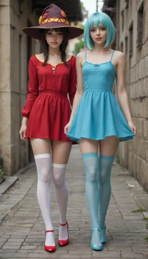 2 girl. First girl., (Girl with blue eyes and long blue hair. She weared short blue dress like Aqua goddess from anime Konosuba. Aqua goddess hair. Middle ages town setup. Her skirt short and semitransparent. She stay on all fourth. Upskirt high. Naked pussy without panties. Blue transparent stockings. Small breasts visible under dress fabric.), Second girl., (Girl with crimson eyes and short black hair. She weared short red dress like Megumin from anime Konosuba. Megumin hair. One leg weared black transparent stocking. Petite tight black pantie visible.), Girls giggling and high pulling up hems of each other., (Cinematic anime style:1.6), (full body front view:1.6), (high heels), (Aqua goddess and Megumin), (teasing)