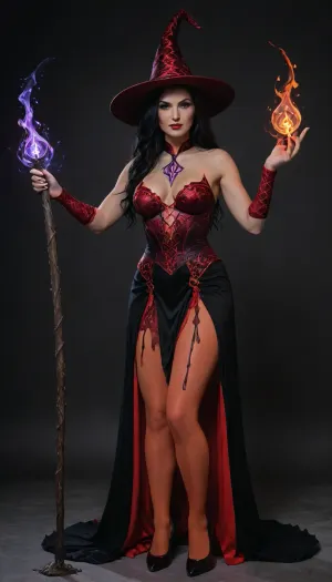 Photorealistic, masterpiece, 8k. Mature body, 40yo mature body. Woman wearing realistic sorceress dress with witch's staff, black and red dress. Black and red stocking. Long black hair. Medium perfect round breasts, small boobs. 5ft high tall, 56kg weight. Red high heel. Sexy pose, sensual pose., zcaster, <lora:Spellcaster_v4:.8>, PENeonUV, blacklight, neon, <lora:PE_NeonUV Style:.8>