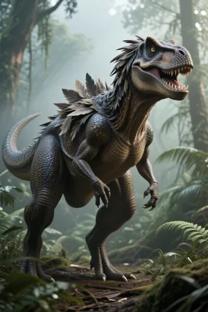 hyper-realistic, scientifically accurate, full-body portrait of a Tyrannosaurus Rex. Not a scaly monster, but a powerful predator with a dense coat of proto-feathers along its back and neck, powerful muscular legs, bird-like intelligent eyes, and sharp, visible teeth. The skin texture is a mix of leathery hide and advanced plumage for camouflage. Natural, atmospheric lighting of a prehistoric late Cretaceous fern forest, misty morning, cinematic composition, 8k resolution, National Geographic photography style, unreal engine 5 render, paleontology art.