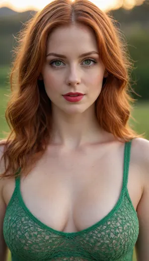 (best quality, award-winning photograph, sharp focus), Crocheted camisole, (wide knit), beautiful face, long hair, seductive face, make-up, red lipstick, redhead hair, green eyes, perfect body, very large natural breasts, the whole figure is visible, soft smile, cinematic, movie still, hyperdetailed photography, 35mm photograph, film, professional, 4k, highly detailed, Golden hour lighting. Depth of field F2. Rule of Thirds Composition