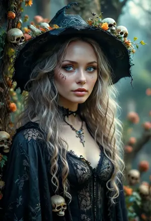 A detailed, pastel colored Gothic-style drawing. It depicts a coquettish 40 yo witch with long, wavy hair, wearing a tattered cloak. Her face is painted grotesque. Surrounding her are skulls, bats, and twisting, thorny vines, creating a macabre, eerie atmosphere. Bonethron, The background is densely filled with intricate, organic patterns. Dark, mystical atmosphere. /KlTTY-ART/, <lora:COMFYUI_mimic_landscape_-_XL_SDXL v2.0:.7>, <lora:attractive_notrigger:.8>, <lora:PerfectEyesXL:.6>, <lora:MJ52:1>