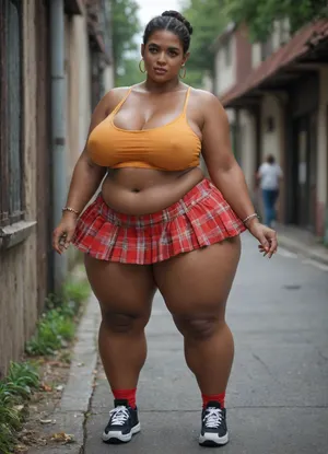 a 40 year old sexy, african american women, short obese bbw, thick thighs, huge ass, massive breasts, wearing a crop top, wearing a short skater skirt, full body image