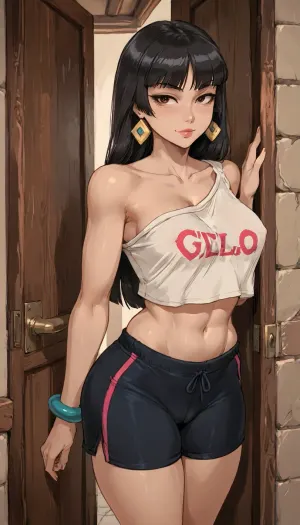 (cutesexyrobutts style:1.2), mix reiq, (owler mix bobtheneet), masterpiece, (Chel from Road To El Dorado), erect nipples, (excessive hyper pronounced puffy swollen labia), tight sport shorts, standing in doorway, smirk, Score_up 9, ratatatat74, <lora:LCMTurboMix_Euler_A_fix:.5>, <lora:EnvyBeautyXL02:1.5>, <lora:ratatatat74-000050:1.5>, <lora:mk_Bp Anime_xl:2>, <lora:hentai_anime_style_xl_v1:1.8>