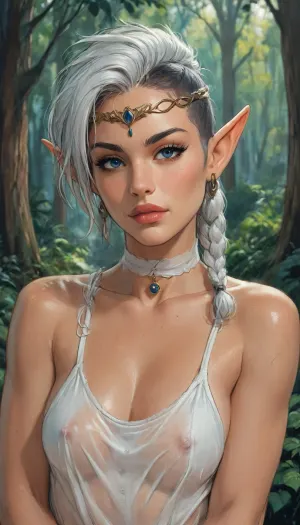 Michel Turner Style, reiq style, masterpiece, In a fantasy forest, beautiful white hair elf, (Undercut), (seductive face), (black long eyelashes), Mohawk braided, Long Hair, (wearing her elf circlet:1.2), (white choker), (angular face), slender body, (perfect medium perky breasts), blue eyes, very sweaty, (transparent white dress), silver bracelet, ((Close Up View)), Mage, Warrior, Shaman, Assassin, mtms, <lora:Eldritch_SketchDraw:1>, <lora:outline_xl_kohaku_delta_spv5x:2>, <lora:sketch_it:1.1>, <lora:Michael TurnerMarc SilvestriNoobAiLycoV2:2>