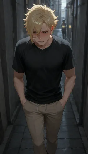 BNHA, (MHA), Hero Prodigy gets a Femboy System, 1boy, Nao Ichijo, His blonde hair, so pale it shimmered near silver, and his face both sharp and delicate. Black eyes gleamed beneath furrowed brows. His slender frame—petite, with just a hint of muscle—strained against the black shirt and slacks clinging to his sweat-damp skin, visible drunk, walking down dark damp dirty alley.