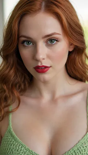 (best quality, award-winning photograph, sharp focus), Crocheted camisole, (wide knit), beautiful face, long hair, seductive face, make-up, red lipstick, redhead hair, green eyes, perfect body, very large natural breasts, the whole figure is visible, soft smile, cinematic, movie still, hyperdetailed photography, 35mm photograph, film, professional, 4k, highly detailed, Golden hour lighting. Depth of field F2. Rule of Thirds Composition