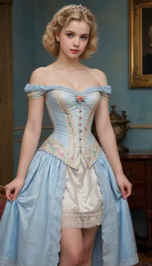Realistic painting, full body painting, young 18 year old girl, short blonde hair, blue eyes, beautiful slim face, slim classical era princess girl, huge tits, wearing a beautifullu decorated dress with tight corset, heeled shoes, dress strap off shoulder, standing and posing in her room, wllbgr, an, oil, painting, of, *****, by, <lora:bouguereau_XL_resize:1>