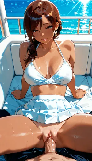 A masterpiece, the best quality, 2d_anime_style, flat_shading, cel_shading, clean_lineart, bold_lines, vibrant_flat_colors, simple_shadows, limited_palette, soft cinematic lighting, rich colour depth, shallow depth of field, gentle background bokeh, anime_colour_grading, soft_flat_highlights.
1girl1boy, a yacht sailing in tropical waters, small islands are visible on the horizon. A beautiful mature woman, sophisticated, body is firm, tanned, and well proportioned, medium breasts, small waist, is on the yacht on deck of the bow, over_the_shoulder_shot very_wide_shot from above the bow, looking toward her face and body, background softly blurred, The sea is visible behind her, over the edge of the yacht, gentle waves rolling and a swordfish jumping.. The man sits on a sun lounger. She sits astride the man, facing him, cowgirl style, skirt pulled up, pussy visible, penis in pussy and having sex. The woman is having an orgasm, smiling widely, mouth and eyes wide open, a cry of satisfaction from her lips.