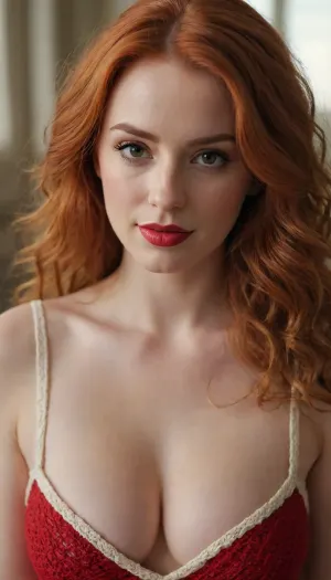 (best quality, award-winning photograph, sharp focus), Crocheted camisole, (wide knit), beautiful face, long hair, seductive face, make-up, red lipstick, redhead hair, perfect body, very large natural breasts, the whole figure is visible, soft smile, cinematic, movie still, hyperdetailed photography, 35mm photograph, film, professional, 4k, highly detailed, Golden hour lighting. Depth of field F2. Rule of Thirds Composition