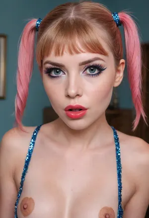 crazy alternate punk hairstyle, fashion photography, hairstyle inspired by Njideka Akunyili Crosby and Edmond Hamilton, woman, small, breasts, medium, large, spreading, legs, creampie, pussy, nude, body, closeup, longnips, kokoshnik, artoflips, uoclips, lips, lipstick, art, of, (high-quality facial treatment:1.3), ((makeup:1.5), long blue eyelashes, olive eye shadow with sequins), large plump lips bimbo in red lipstick with a glossy wide pink outline and a slightly open mouth, (hairstyle with five pigtails straight bangs of blue with sequins:1.2), pupil eyes like a snake
eyebrows thin, nurse, uniform, heart_areola, waterfall, <lora:nurse_uniform_xl_v1_1:2>, <lora:Heart_Areola_Nipple_SDXL:2>, <lora:waterfallsXL:1.6>