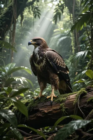 hyper-realistic cinematic shot of a majestic feathered raptor standing on a mossy fallen log in a lush, dense prehistoric jungle. Sunbeams piercing through the emerald canopy, morning mist, cinematic lighting, 8k resolution, highly detailed, National Geographic photography style.