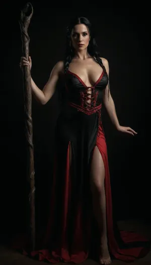 Photorealistic, masterpiece, 8k. Mature body, 40yo mature body. Woman wearing realistic sorceress dress, black and red dress. Long black hair. Medium perfect round breasts, small boobs. 5ft high tall, 56kg weight. Sexy pose, sensual pose., <lora:dark:.8>, braided, side, <lora:Braided_Sides_V1:.8>